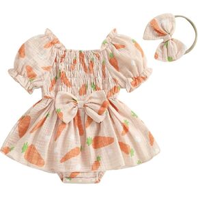 Infant Baby Girl Bunny Carrot Print Easter Romper Dress Short Puff Sleeve Bowknot Romper with Headband in Kuwait