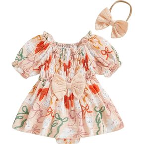 Infant Baby Girl Bunny Carrot Print Easter Romper Dress Short Puff Sleeve Bowknot Romper with Headband