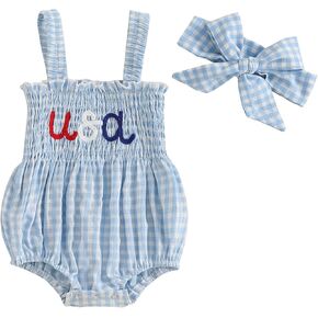 Newborn Baby Girl My First July 4th Outfit Letter Embroidery Shirred Sleeveless Bubble Romper Set Infant Clothes