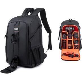 17.3" Camera Backpack Waterproof DSLR Bag - Large Capacity Photography Backpack for Travel, Lightweight Design with 16" Laptop Sleeve & Tripod Holder (Black-Orange)