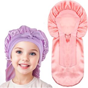 2 Pack Long Hair Bonnet for Sleeping, Silk Bonnet for Kids Satin Bonnets Double Layer Satin Sleep Elastic Satin Bonnet with Tie Band Bonnet Satin Bonnet for Toddler Teens Natural Curly Hair