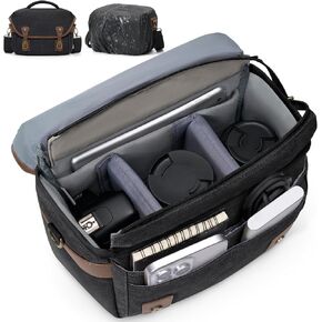 RAINSMORE Canvas Camera Bag, DSLR/SLR/Mirrorless Small Camera Sling Bags Cross-body Camera Case, Compact Shoulder Bag for Photographers with Rain Cover Vintage Sling Bags for Men and Women, Black