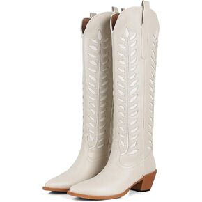 Synchoiss Cowboy Boots for Women Knee High with Retro Embroidered Cowgirl Boots Almond Pointed Toe Chunky Heel Western Tall Boots Pull on
