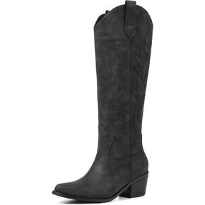 VIMISAOI Western Cowboy Boots for Women Knee High Wide Calf Cowgirl Boots with Embroidered Design Pull-On Pointed Toe Chunky Heel Retro Tall Boot in Kuwait