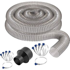 Fulton 2.5" diameter x 20 foot long Ultra Flex Clear Vue Heavy Duty PVC Dust Collection Hose with 4" to 2.5" Reducer, 5 pack of 2.5" Thumb Screw Hose Clamps and 5 pack of 4" Thumb Screw Hose Clamps