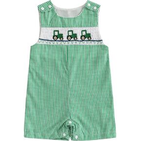 Newborn Baby Boy Girl Easter Outfit Farm Animals Embroidery Sleeveless Plaid Romper Bunny Smocked Bodysuit Jumpsuit in Kuwait