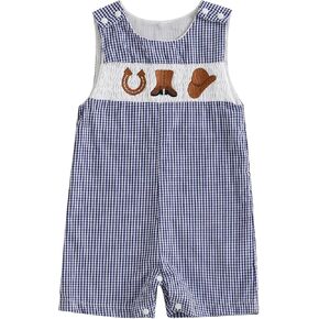 Newborn Baby Boy Girl Easter Outfit Farm Animals Embroidery Sleeveless Plaid Romper Bunny Smocked Bodysuit Jumpsuit