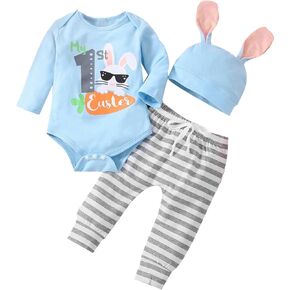 Baby Boy My First Easter Outfits - Newborn Infant Bunny Long Sleeve Romper Striped Pants Rabbit Ear Hat Clothes Set