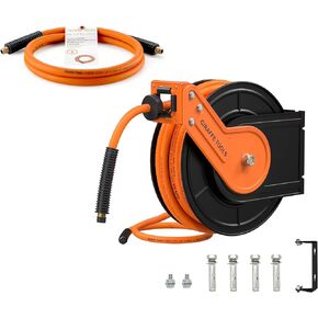 Hybrid Lead-in Air Hose, 3/8 inch x 6 ft, 1/4 in. MNPT Fittings, 300 PSI and Retractable Air Hose Reel with Swivel Bracket 3/8" x 50 ft