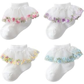 Meeshine 4 Pack Toddler Baby Girls Sights Lace Socks Flowers Teyelet Cotton Frilly Canle Dress Princess Socks for 0-4t Kids