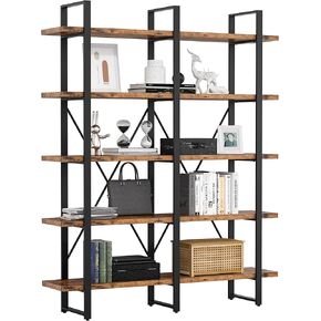 IRONCK Industrial Bookshelf and Bookcase Double Wide 5 Tier, Large Open Shelves, Wood and Metal Bookshelves for Home Office Furniture, Easy Assembly