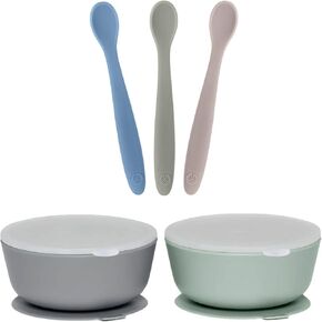 WeeSprout 3 Silicone Baby Spoons & 2 Bowls with Lids Bundle - Soft-Tip, Bendable Feeding Utensils - Durable, Travel-Friendly, Dishwasher Safe - Grey & Green