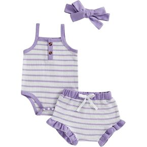 MERSARIPHY Newborn Baby Girls Summer Outfit Striped Waffle Knit Sleeveless Romper Shorts Headband 3Pcs Infant Clothes Set