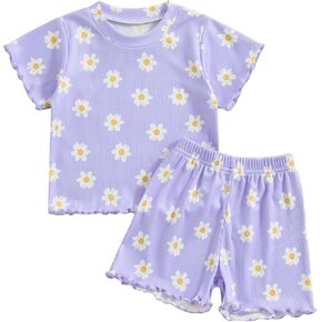 Toddler Baby Girls Summer Outfits Cute Daisy Ruffle Ribbed Short Sleeve T-Shirts Tops Floral Shorts 2Pcs Sets