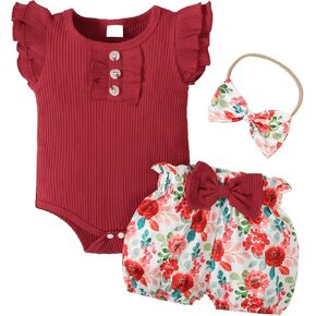 Baby Girl Clothes Newborn Infant Summer Outfits Ruffle Sleeve Romper and Floral Shorts Set for 0-18 Months