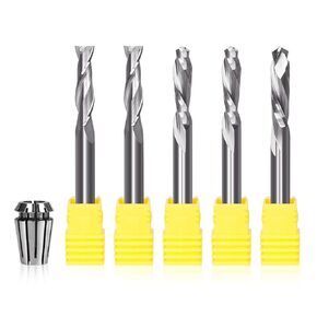 5PCS CNC Router Bits 1/4 Inch Shank Includes 1/4" ER11 High Precision Collet, Spiral Upcut Downcut Compression Router Bit Solid Carbide End Mills for Wood Cut, Carving