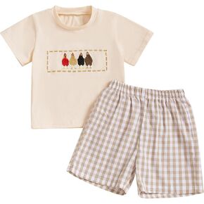 Toddler Baby Boy Summer Outfits Short Sleeve Embroidered T Shirt Tees + Striped/Plaid Shorts Infant Clothes Set