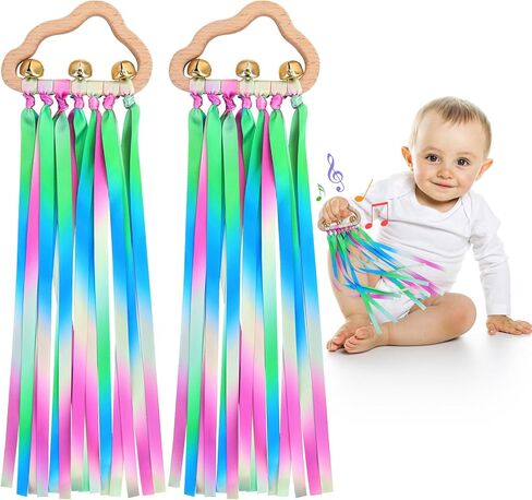 Baby Sensory Rainbow Rattle - 2Pcs Natural Wooden Ribbon Ring Molar Wood Circle Newborn Teether Sensory Montessori Toy for 6-12 Month Babies Toddler in Saudi Arabia