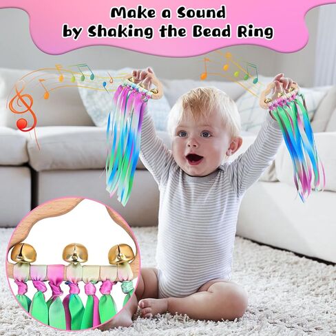 Baby Sensory Rainbow Rattle - 2Pcs Natural Wooden Ribbon Ring Molar Wood Circle Newborn Teether Sensory Montessori Toy for 6-12 Month Babies Toddler in Saudi Arabia