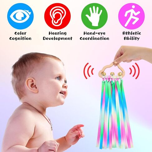 Baby Sensory Rainbow Rattle - 2Pcs Natural Wooden Ribbon Ring Molar Wood Circle Newborn Teether Sensory Montessori Toy for 6-12 Month Babies Toddler in Saudi Arabia