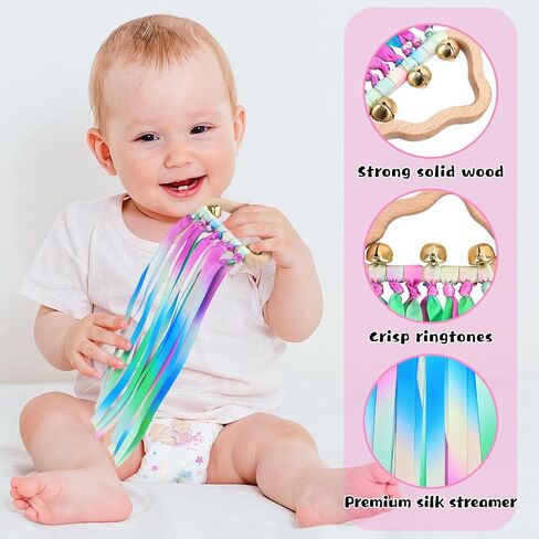 Baby Sensory Rainbow Rattle - 2Pcs Natural Wooden Ribbon Ring Molar Wood Circle Newborn Teether Sensory Montessori Toy for 6-12 Month Babies Toddler in Saudi Arabia