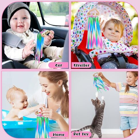 Baby Sensory Rainbow Rattle - 2Pcs Natural Wooden Ribbon Ring Molar Wood Circle Newborn Teether Sensory Montessori Toy for 6-12 Month Babies Toddler in Saudi Arabia