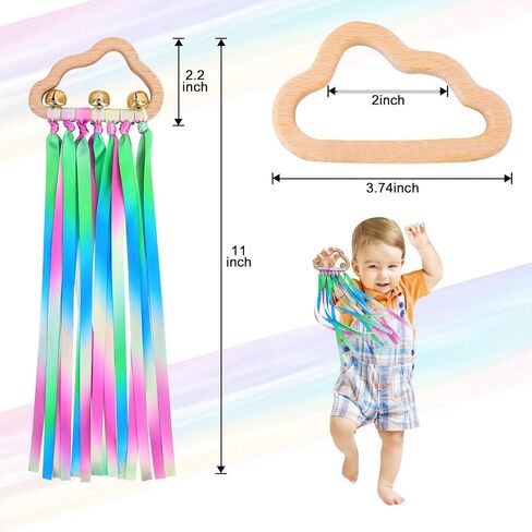 Baby Sensory Rainbow Rattle - 2Pcs Natural Wooden Ribbon Ring Molar Wood Circle Newborn Teether Sensory Montessori Toy for 6-12 Month Babies Toddler in Saudi Arabia