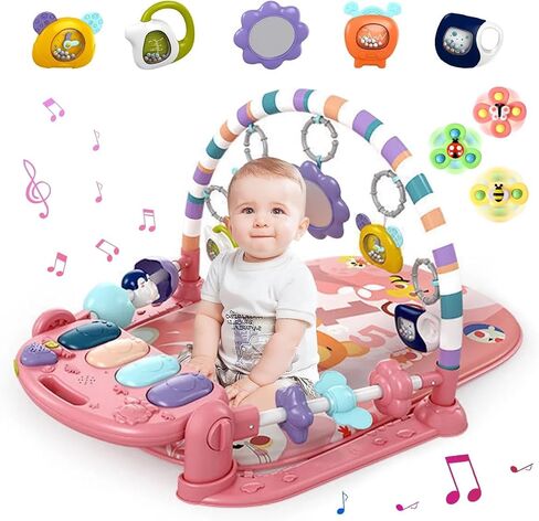 طفل Playmat Tummy Time Toys-Funny Play Piano Baby Gym Activity حصيرة مع 5 ألعاب حسية للرضع ولعب 3 كأس الشفط ، أساسيات الأطفال حديثي الولادة 0-3-6-9-12 شهرًا (وردي) in Kuwait