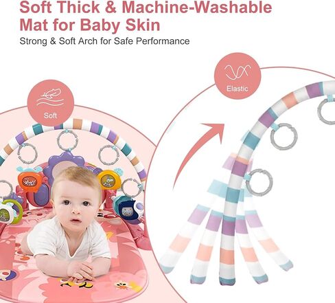 طفل Playmat Tummy Time Toys-Funny Play Piano Baby Gym Activity حصيرة مع 5 ألعاب حسية للرضع ولعب 3 كأس الشفط ، أساسيات الأطفال حديثي الولادة 0-3-6-9-12 شهرًا (وردي) in Kuwait