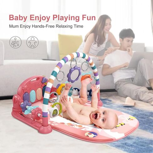 طفل Playmat Tummy Time Toys-Funny Play Piano Baby Gym Activity حصيرة مع 5 ألعاب حسية للرضع ولعب 3 كأس الشفط ، أساسيات الأطفال حديثي الولادة 0-3-6-9-12 شهرًا (وردي) in Kuwait