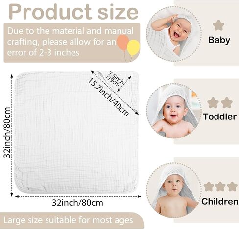 Peryiter Muslin Hooded Baby Towels,32"x 32" Cotton Newborn Bath Towel Muslin Infant Baby Blankets Absorbent Unisex Newborn Registry Gift for Girls Boys(White) in Saudi Arabia