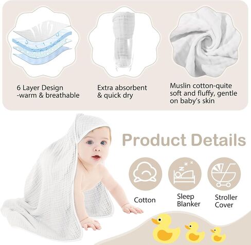 Peryiter Muslin Hooded Baby Towels,32"x 32" Cotton Newborn Bath Towel Muslin Infant Baby Blankets Absorbent Unisex Newborn Registry Gift for Girls Boys(White) in Saudi Arabia