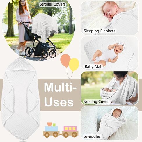 Peryiter Muslin Hooded Baby Towels,32"x 32" Cotton Newborn Bath Towel Muslin Infant Baby Blankets Absorbent Unisex Newborn Registry Gift for Girls Boys(White) in Saudi Arabia