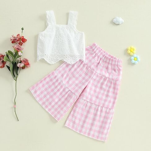 0-4T Kid Toddler Baby Girl Summer Clothes Sleeveless Lace Tank Shirts + Plaid Pants 2Pcs Outfits in Kuwait