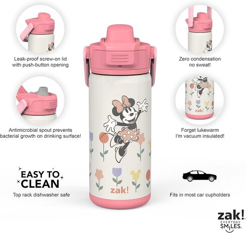 Zak Designs Beacon Insulated Bottle, Disney Minnie Mouse - 14 oz - Durable Stainless Steel - Double-Wall Vacuum Insulation, Silicone Spout & Push-Button, Leak-Proof Lid - Dishwasher Safe in Kuwait