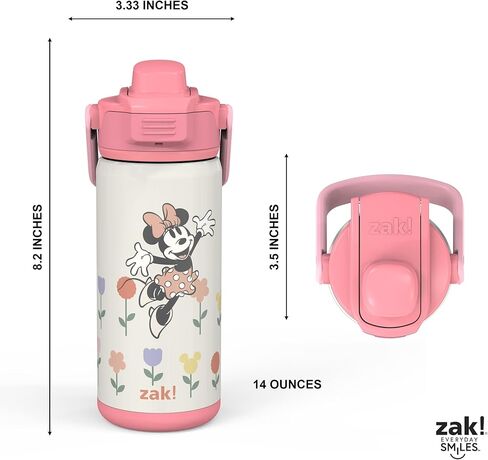 Zak Designs Beacon Insulated Bottle, Disney Minnie Mouse - 14 oz - Durable Stainless Steel - Double-Wall Vacuum Insulation, Silicone Spout & Push-Button, Leak-Proof Lid - Dishwasher Safe in Kuwait