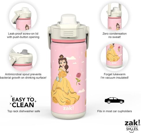 Zak Designs Beacon Insulated Bottle, Disney Minnie Mouse - 14 oz - Durable Stainless Steel - Double-Wall Vacuum Insulation, Silicone Spout & Push-Button, Leak-Proof Lid - Dishwasher Safe in Kuwait