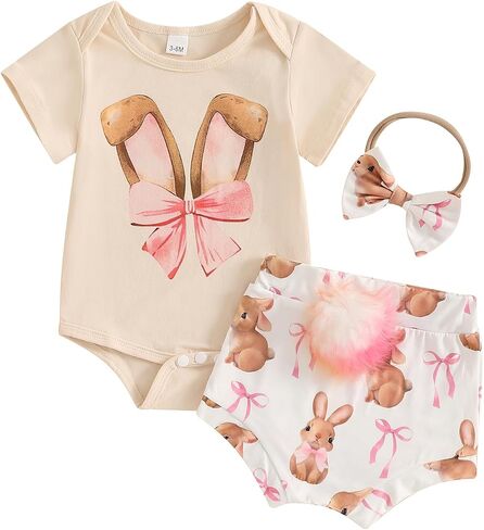 Lamuusaa Newborn Baby Girl Easter Outfit Short Sleeve Bunny Romper Onesie Shorts with Pompoms Headband Summer Clothes 0-18M in Saudi Arabia