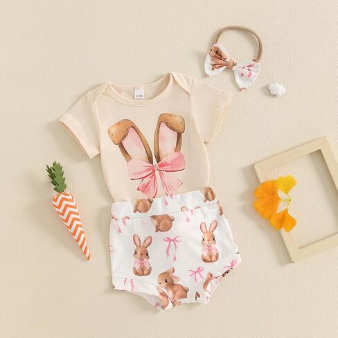 Lamuusaa Newborn Baby Girl Easter Outfit Short Sleeve Bunny Romper Onesie Shorts with Pompoms Headband Summer Clothes 0-18M in Saudi Arabia