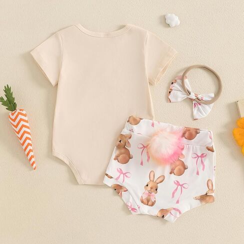 Lamuusaa Newborn Baby Girl Easter Outfit Short Sleeve Bunny Romper Onesie Shorts with Pompoms Headband Summer Clothes 0-18M in Saudi Arabia