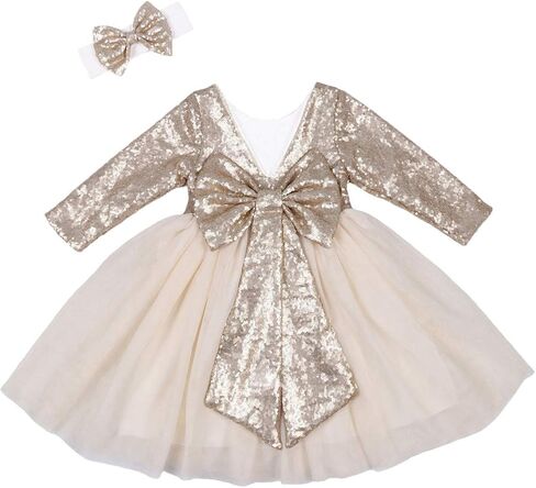 Cilucu Flower Girl Dress Sequin Girls Long Sleeve Dress Tutu Party Chrismas New Year Dress in Kuwait