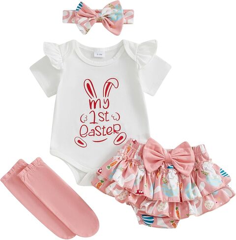 Murnouche Baby Girl Clothes Easter Outfit Summer Ruffle Sleeve Romper Bloomer Shorts Headband in Kuwait
