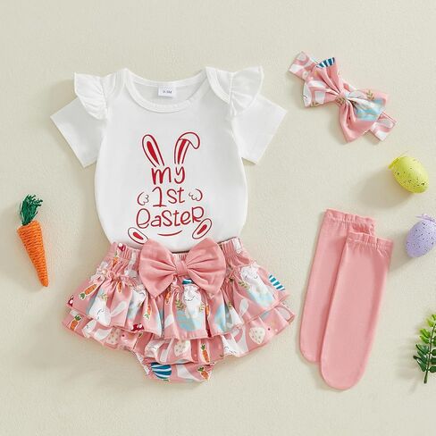 Murnouche Baby Girl Clothes Easter Outfit Summer Ruffle Sleeve Romper Bloomer Shorts Headband in Kuwait