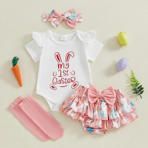 Murnouche Baby Girl Clothes Easter Outfit Summer Ruffle Sleeve Romper Bloomer Shorts Headband in Kuwait