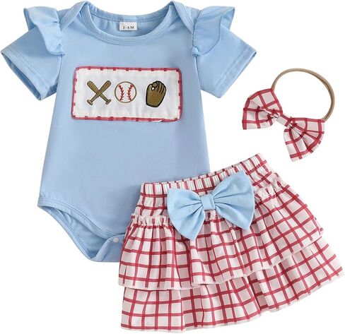 Baby Girl Baseball Outfit Ruffle Short Sleeve Bubble Romper Bow Plaid Tutu Skirt Newborn Summer Clothes Headband 0-18M in Saudi Arabia