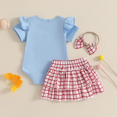 Baby Girl Baseball Outfit Ruffle Short Sleeve Bubble Romper Bow Plaid Tutu Skirt Newborn Summer Clothes Headband 0-18M in Saudi Arabia
