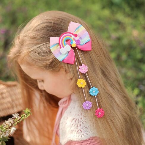 CN 4 PCS Hair Bows for Girls, Rainbow Hair Accessories for Girls with Flower, Grosgrain Ribbon Bows with Alligator Clips Hair Accessories for Toddler Kids Teens (Rainbow) in Saudi Arabia