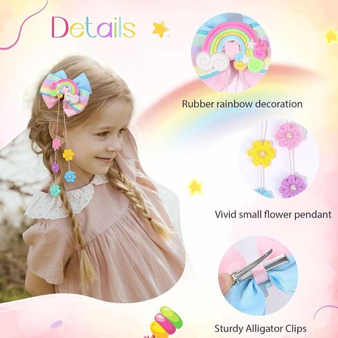 CN 4 PCS Hair Bows for Girls, Rainbow Hair Accessories for Girls with Flower, Grosgrain Ribbon Bows with Alligator Clips Hair Accessories for Toddler Kids Teens (Rainbow) in Saudi Arabia