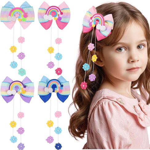 CN 4 PCS Hair Bows for Girls, Rainbow Hair Accessories for Girls with Flower, Grosgrain Ribbon Bows with Alligator Clips Hair Accessories for Toddler Kids Teens (Rainbow) in Saudi Arabia