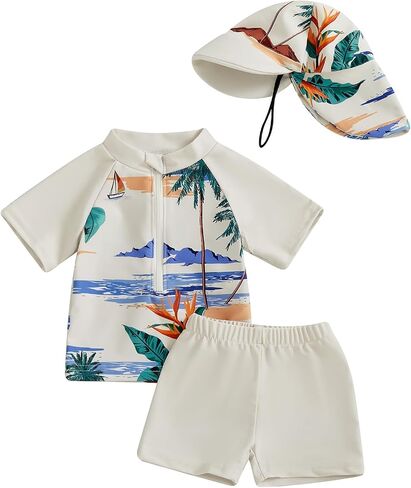 Toddler Baby Boys' 3-Piece Swimsuit Set Short Sleeve Bathing Suit Baby Rash Guard Swimwear with Sun Hat in Saudi Arabia
